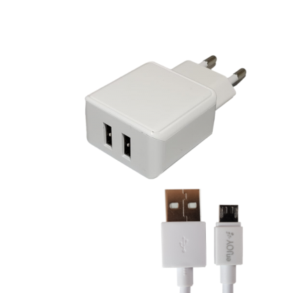 ENJOY 2.4A verkkolaturi kahdella USB-portilla ja yhdellä microUSB kaapelilla